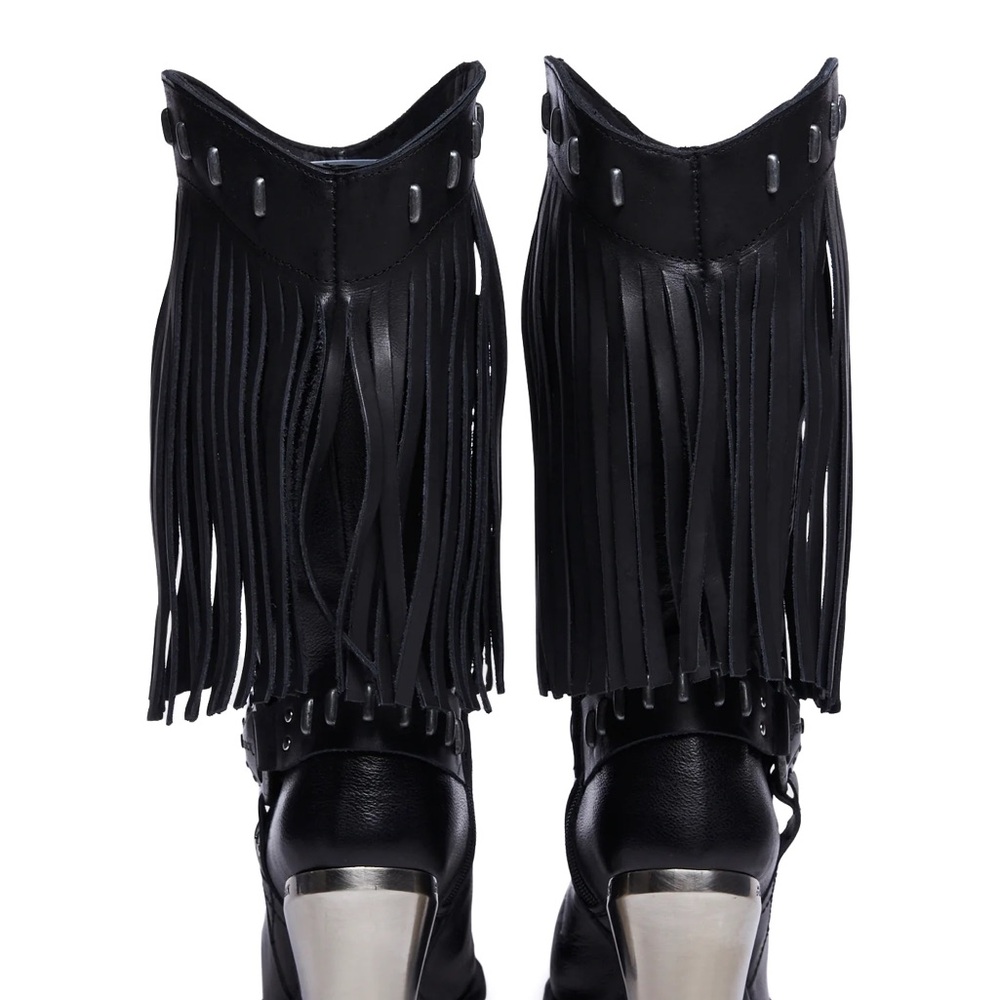 Black Heeled Boots New Rock Boots with Fringe Detail - Picture 7 of 8